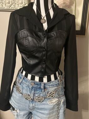 Love Tree Black Sheer Blouse with Faux Leather Bustier